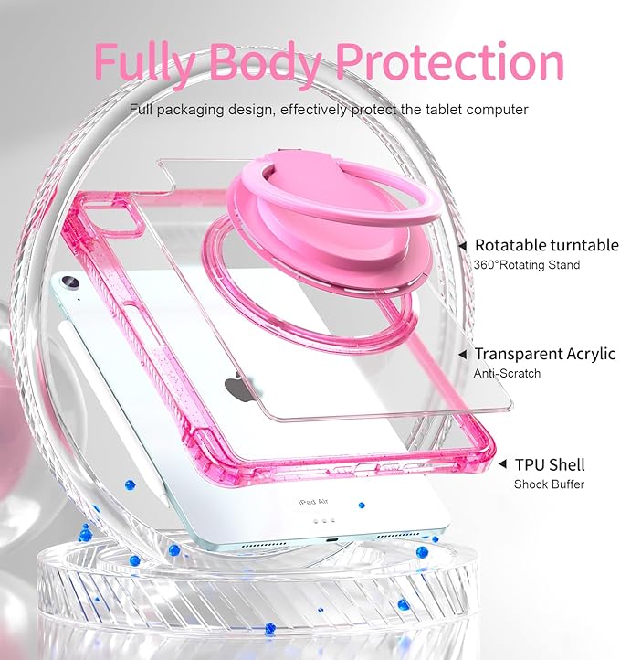 Shockproof Case for iPad Air 11'' (M4 2026/M3 2025/M2 2024)/ iPad Air 10.9'' Air 5th /4th Gen PC Clear Tablet Cases with Rotating Stand for Kids Giliter Rose