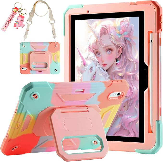 for iPad Air 11 Case (M3) 2025/ iPad Air 11 Case 2024 (M2) with Pen Slot/360 Rotating Grip Magic StandKeychain/Shoulder StrapFull-Body Rugged Cover for iPad Air 6th Generation (Colorful)