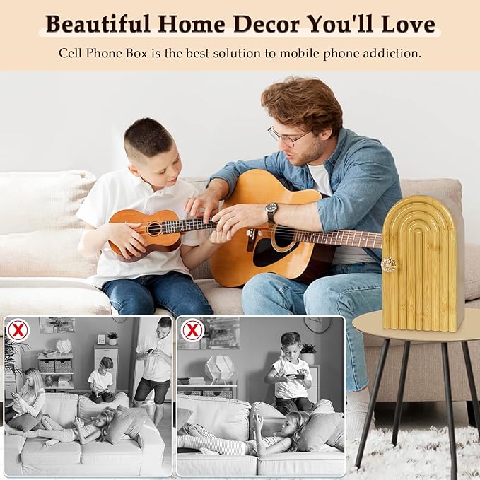 Phone Box for Family Time Bamboo Cell Phone Jail 3 Sections Hold 6 Phones with Charging Holes Phone Holder Self-Discipline Box Help Kids Adults Focus Back Mobile Phone Addiction (Wood)