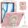 for iPad Air 13-inch M2 (2024) A2898/A2899 for iPad Pro 12.9 Rugged Case Portable Heavy Duty Shock-Proof Armor Cover with Swivel Kickstand/Hand Grip Shoulder Strap Pencil Holder (Pink)