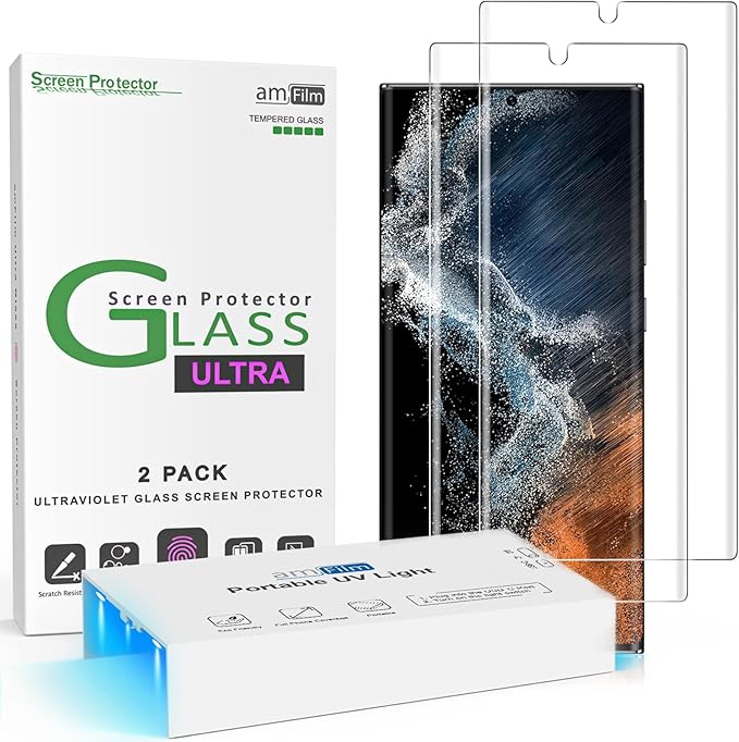 amFilm 3D Curved Tempered Glass for S22 Ultra Screen Protector Samsung Galaxy 5G 6.8 Inch Fully Compatible with UltraSonic Fingerprint Scanner and S Pen Upgraded Easier UV Gel Application(2 Pack)
