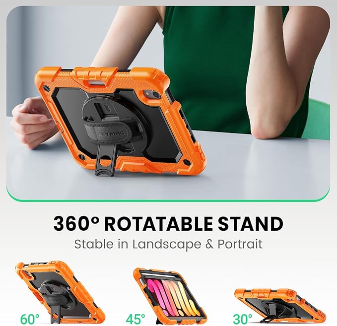 SEYMAC Case for iPad mini 7 (A17 Pro) 2024/ Mini 6 8.3″ Full-Body Shockproof Protective Case with Screen Protector Rotating Stand Hand/Shoulder Strap for iPad mini 7th/ 6th Generation Orange