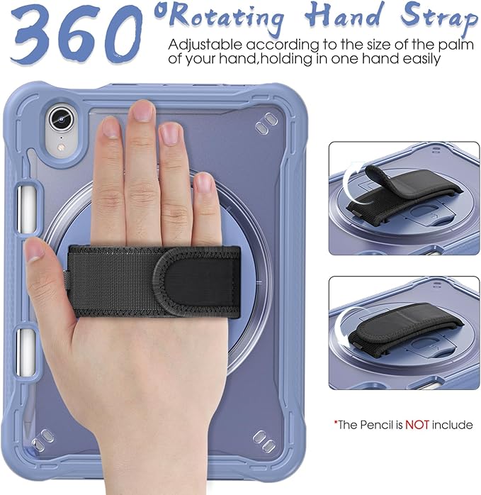 BRAECNstock Case for iPad mini 7 (A17 pro) 2024 &amp Mini 6 2021 8.3-inchShockproof Protective Cover with Pencil HolderScreen Protector360° Rotating Hand Strap/Stand- Lavender Grey