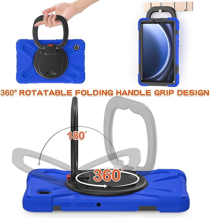 Case for Galaxy Tab A9 8.7 2023 (SM-X110/ X115) Heavy Duty Protective Case with 360 Degree Swivel Stand&ampHand Strap&ampShoulder Strap (Blue)
