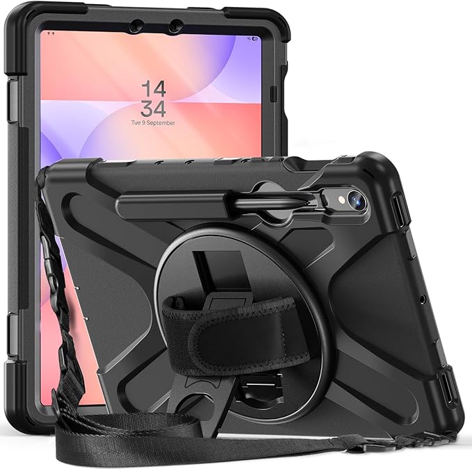 ProCase Rugged Case for Galaxy Tab S10 Lite 2025/S10 FE/S9 FE/S9/S8/S7 11 - with S Pen Holder Heavy Duty Shockproof Cover with Hand Strap 360 Degree Rotatable Kickstand Protective -Black