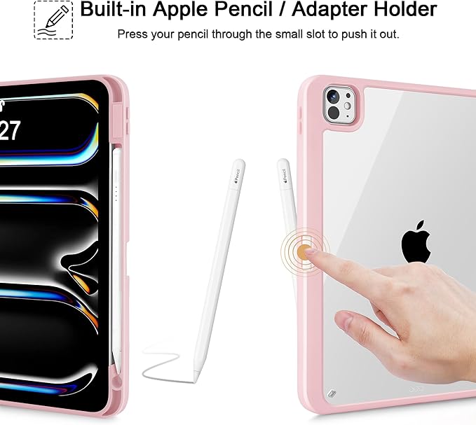 May Chen Case for iPad Pro 11-Inch M5/M4 2025/2024 (6th/5th Generation) [Penceil Holder] Trifold Stand Auto Wake/Sleep Clear TPU Protection Back Cover Pink Stripes