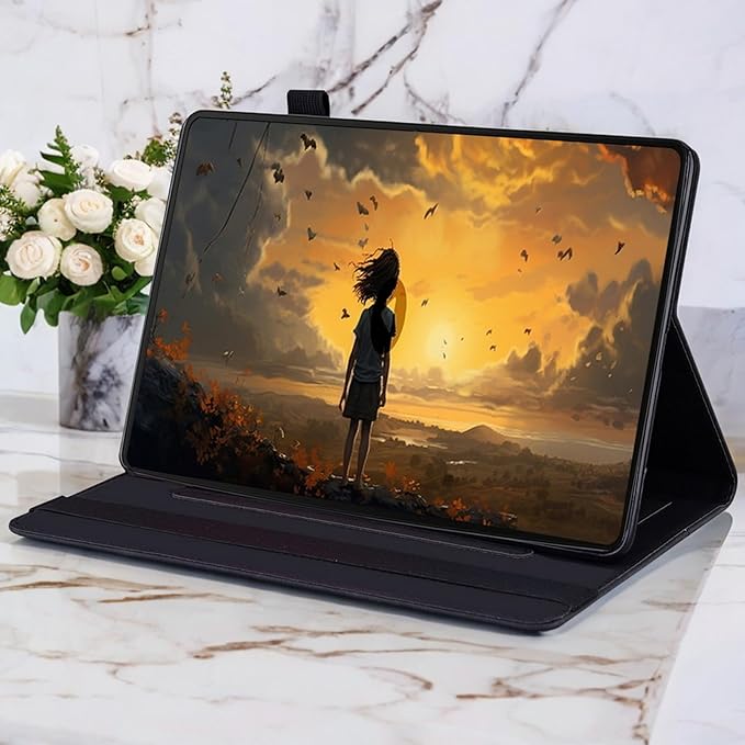 Shockproof Case for Lenovo Tab One 8.7 inch 2025 Model - Retro PU Leather + TPU Hybrid Protective Cover with Anti-Slip Grip Strap &amp Card Slots -Black