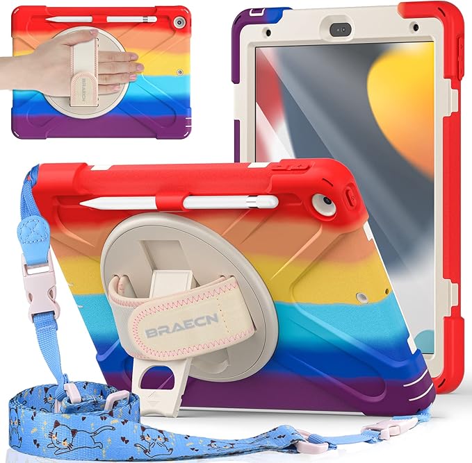 BRAECNstock Kids Case for Apple iPad 9th/ 8th/ 7th Generation 10.2 Shockproof Protective with Screen Protector Pen Holder 360° Rotating Stand+Hand Strap Shoulder Strap Colorful Red