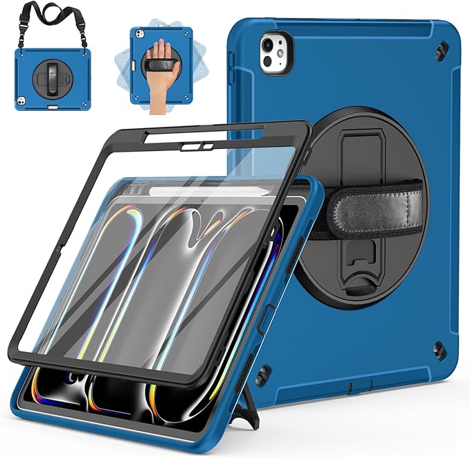 Miesherk Case for iPad Pro 13 Inch Military Grade Heavy Duty Shockproof iPad 13 Case (2024 7th Generation) - Screen Protector Rotating Stand Pencil Holder Hand/Shoulder Strap Blue