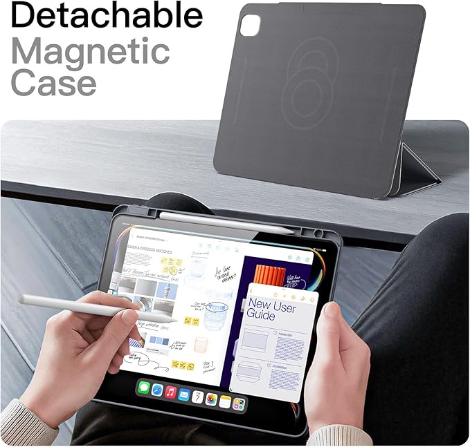JETech Magnetic Detachable Case for iPad Pro 13-Inch M5/M4 (2025/2024) with Pencil Holder Removable Rotating Clear Cover Portrait/Landscape Stand with Raised Screen View (Grey)
