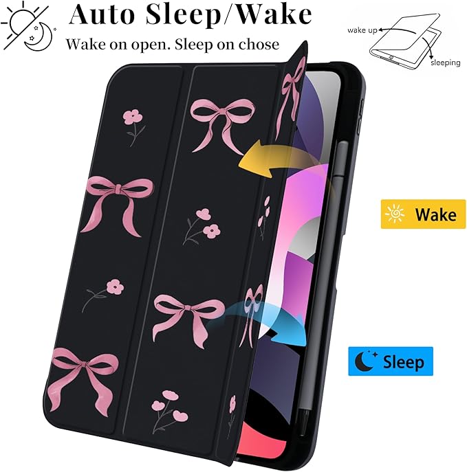 Cute Case for iPad Pro 13-inch (M4) 2024 Pink Bow Tie Flower Clear Hard Back Hybrid Casewith Pencil Holder Trifold Stand Slim Tablet Cover for Girls Women