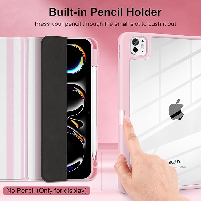 Case for iPad Pro 13 inch (M5) 2025 (M4) 2024 Release with Pencil Holder -Cute Pink White Striped Trifold Cover with Clear Back Auto Sleep/Wake Aesthetic Soft Protective Skin for Girls Women
