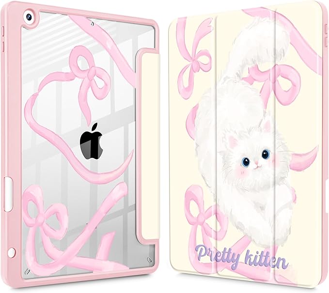 for iPad 9th Generation with Pencil Holder iPad 8th/7th Gen Case 10.2-inch [Built in Pencil Holder] Trifold Stand Auto Wake/Sleep Clear TPU Protection Back Cover Ribbon Bow Kitten