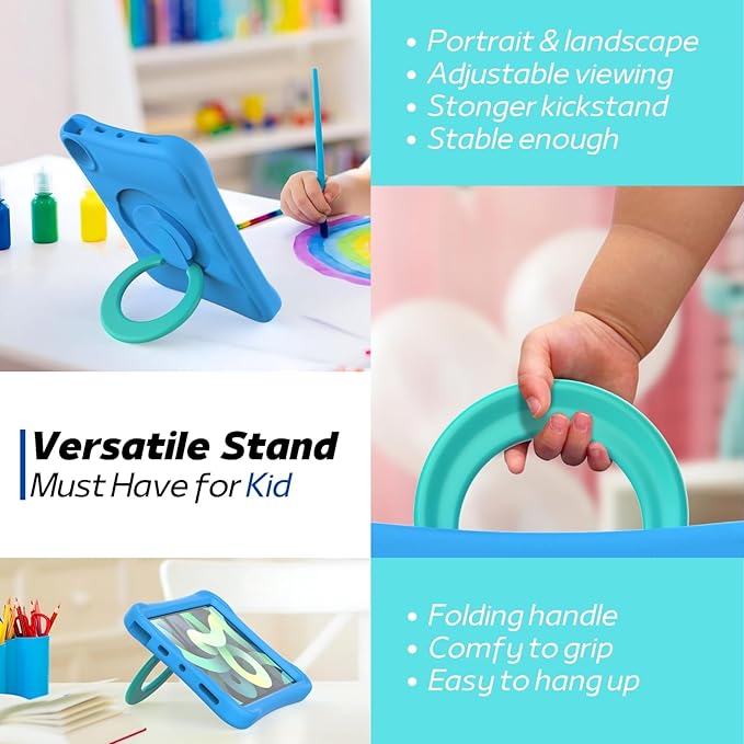 MRWHO Kids Case for iPad Air 5th 4th Generation 10.9 inch – Sturdy Lightweight Rotating Stand Folding Handle Rugged Cover for Apple ipad Air 5 4 Gen Girls Boys Blue