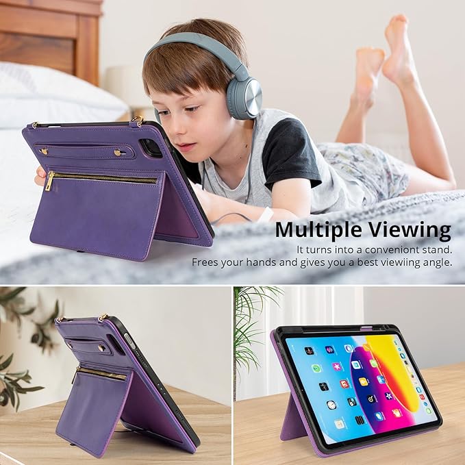Dteck Case for iPad Air 13 inch M2 2024/iPad Pro 12.9 Case 6th/5th/4th/3rd Generation 2022/2021/2020/2018Premium PU Leather Shockproof Protective Case Zipper Pocket Strap Soft TPU Back CoverPurple