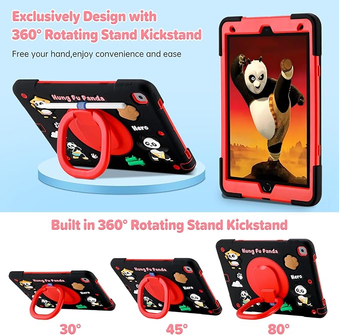 Case for iPad 9th/8th/7th GenerationCute 3D Cool Panda Warrior Design Cover with Screen Protector Rugged Protective Cartoon Case with Stand/Strap/Pen Slot for iPad 10.2 Kids Teens (Black+Red)