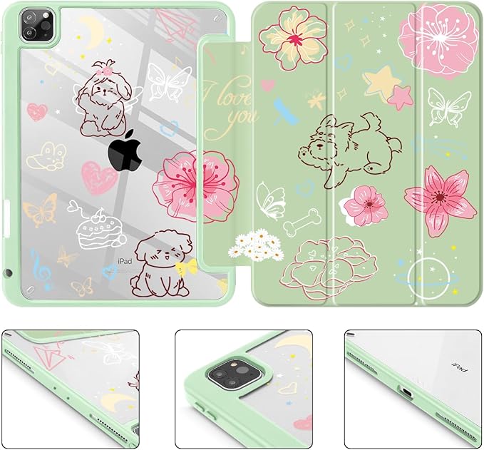 May Chen for iPad Pro 11 inch M2 4th Generation 2022 iPad Pro 11 3rd/2nd/1st Gen Case with Transparent Shockproof Back Cover [Built-in Pencil Holder Auto Sleep/Wake Green Flower Dog