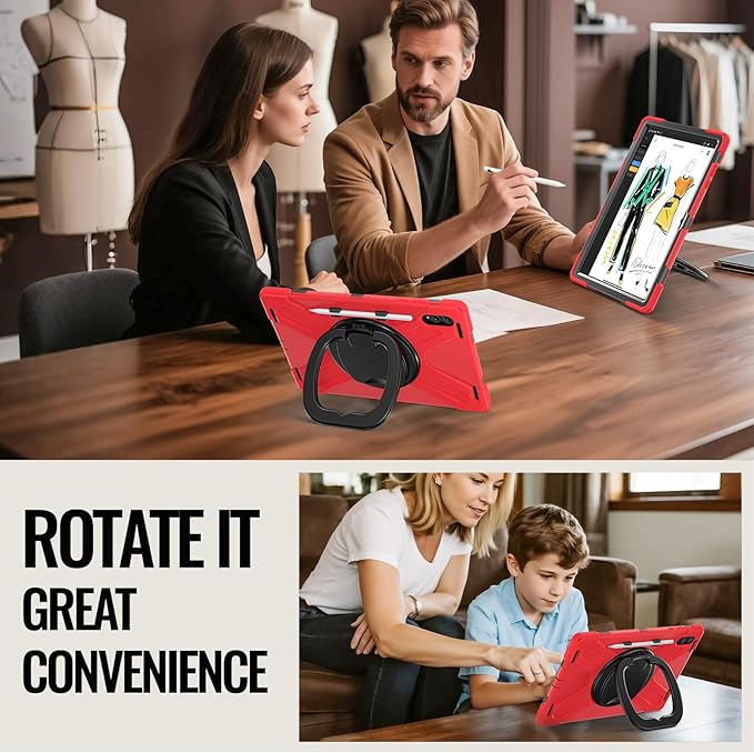 for Galaxy Tab S11 Ultra Rotating Case 14.6inch Heavy Duty Hybrid Rugged Case with S Pen Holder Shockproof Kids Cover with 360 Rotation Stand/Shoulder Strap (Red)