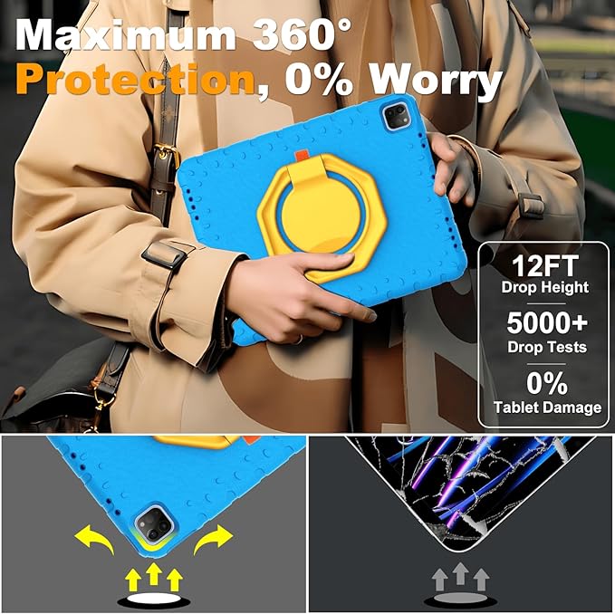 for iPad Pro 12.9 Case 6th/5th/4th/3rd Generation with 360° Rotating Stand &amp Pencil Holder Heavy Duty Cute Cover for iPad Pro 12.9 inch 2022/2021/2020/2018 Blue