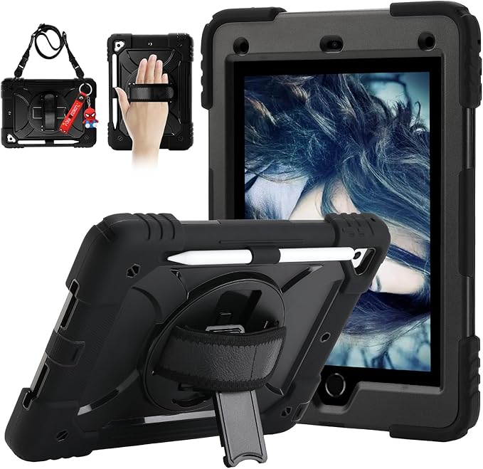 for iPad 6th Generation/iPad 5th Gen/iPad Air 2/iPad Pro 9.7 Case with Cute Key Chain Rugged Protective Case with Rotating Stand &amp Shoulder Hand Strap for iPad 6th/5th/ Air 2 (Black)