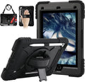 for iPad 6th Generation/iPad 5th Gen/iPad Air 2/iPad Pro 9.7 Case with Cute Key Chain Rugged Protective Case with Rotating Stand &amp Shoulder Hand Strap for iPad 6th/5th/ Air 2 (Black)