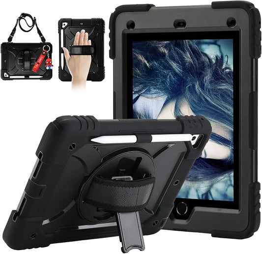 for iPad 6th Generation/iPad 5th Gen/iPad Air 2/iPad Pro 9.7 Case with Cute Key Chain Rugged Protective Case with Rotating Stand &amp Shoulder Hand Strap for iPad 6th/5th/ Air 2 (Black)
