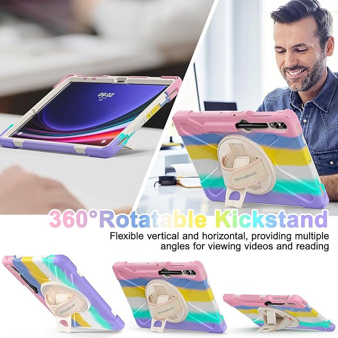 BRAECN for Samsung Galaxy Tab S10+ Plus/S9+/S9 FE + /S8+ Plus/S7 +Plus /S7 FE 12.4 InchHeavy Duty Shockproof Case with S Pen Holder&amp360 Rotating Hand Strap/Kickstand/Shoulder Strap -Rainbow