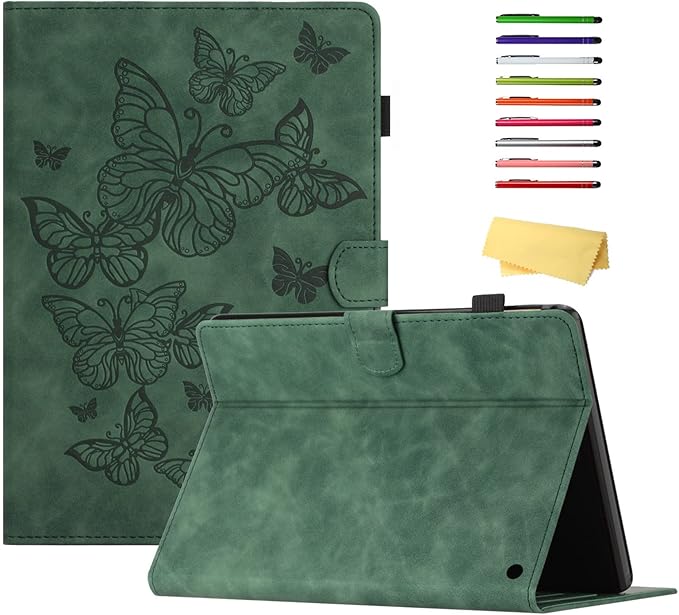 Case for Amazon Kindle Fire HD 8 &amp Fire HD 8 Plus (12th/10th Gen 2024/2022/2020) 8 with Stand/Pencil Holder [Auto Sleep/Wake] UUcovers Embossed Magneic Smart Folio Cover Green Butterfly