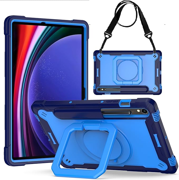 Case for Galaxy Tab S9 FE+/Tab S9+ 12.4 inch Rugged Armor Heavy Duty Hybrid Cover with Adjustable Stand and Handle for Tab S9 Plus 12.4 with Shoulder Strap and S Pen Holder (Blue/Light Blue)