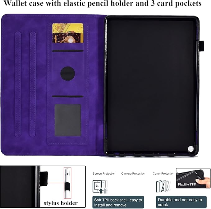 Folio Case for Amazon Kindle Fire HD 8/Fire HD 8 Plus (12th/10th Generation 2024/2022/2020) 8 with Stand/Pencil Holder [Auto Sleep/Wake] Embossed PU Leather Smart Cover Purple Butterfly Flower