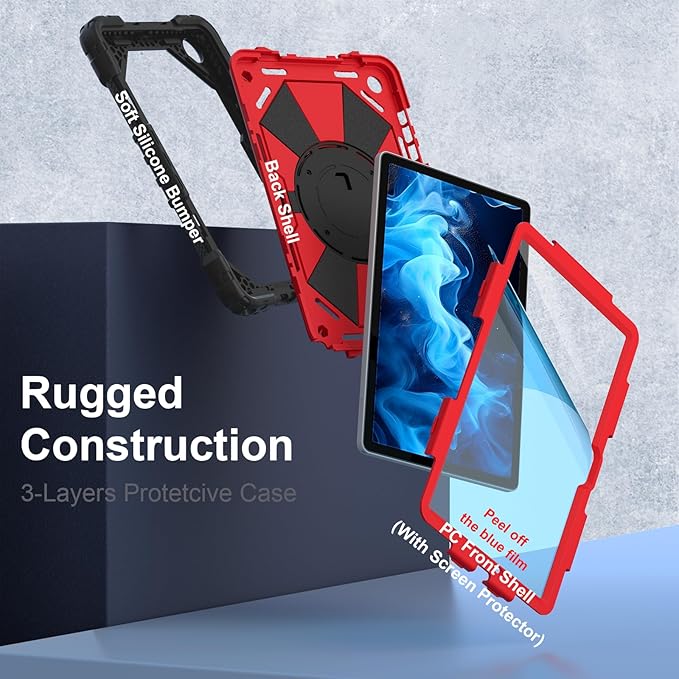 Case for Galaxy Tab A11+ Plus 2025/ A9+ 2023 11 Inch Rugged Samsung Tab A11 Plus Case Galaxy A9+ Tablet Cover with 360 Rotating Hand Strap Stand Shoulder Strap Screen Protector Black Red
