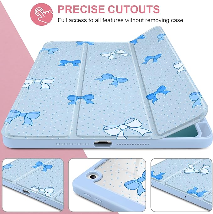MEEgoodo Case for iPad 10.2 inchTablet Cases for iPad 9th Generation 2021/8th Gen 2020/7th Gen 2019 with Clear Acrylic Back Shell+Pencil Holder+Auto Wake/Sleep+Trifold Stand Blue Polka Dots &amp Bo