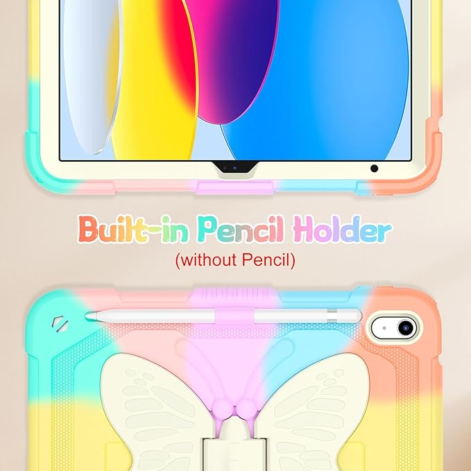 Case for iPad (A16) 11th/10th Generation (2025/2022) 11/10.9 for Kids Girls with 9H Tempered Glass Screen Protector Butterfly Stand Carrying Strap Shockproof - Colorful