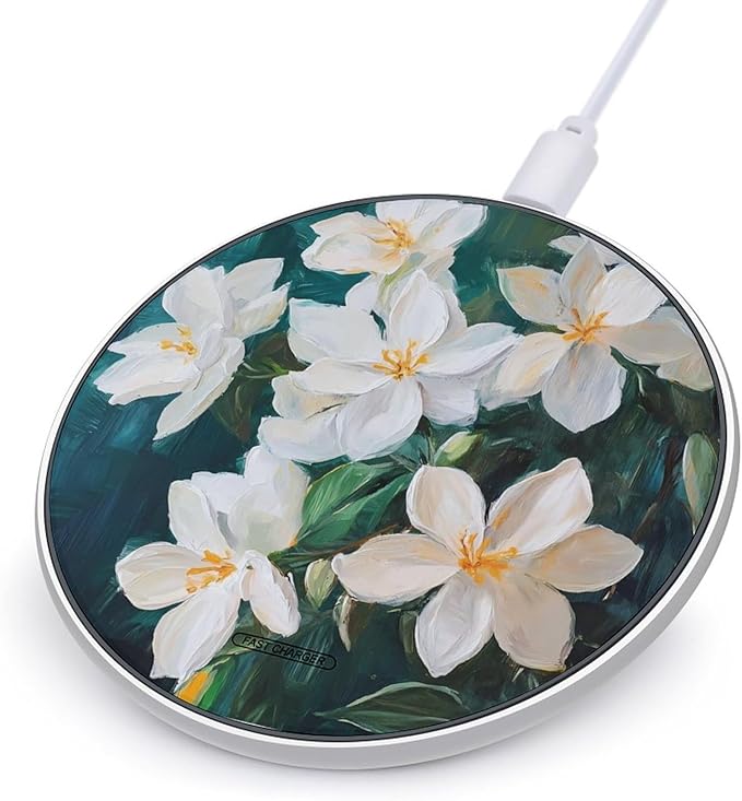 White Jasmine Flowers Phone Charger Magnetic Charging Pad Anti-Slip with USB Cable