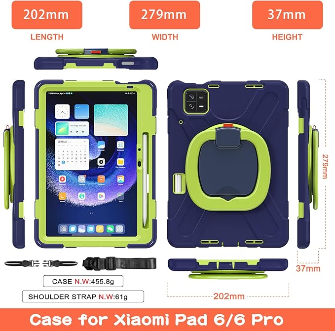 for Xiaomi Mi Pad 6/ Mi Pad 6 Pro 11-inch Tablet Case - Heavy Duty Shockproof Cover 360° Rotating Hand Strap Foldable Stand Anti-Slip Handle Adjustable Shoulder Strap Pen Holder - Navy
