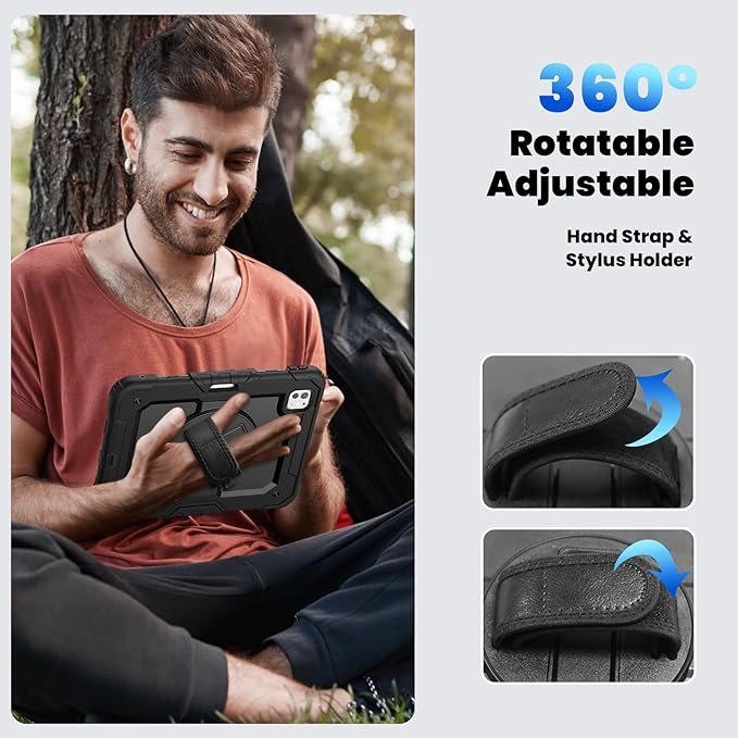 for iPad Pro 11 inch Case M5 2025/M4 2024 Shockproof Case for iPad Pro 11 M5/M4 with Screen Protector/Pencil Holder/Rotating Kickstand [Hand &amp Shoulder Strap]Black