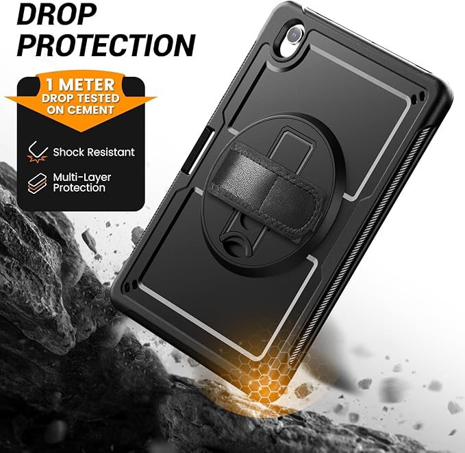 Case for Samsung Galaxy Tab S10 Lite / S10 FE / S9 FE 5G / S9 Tablet Case 10.9''/11'' Rugged Protective with Screen Protector Pen Holder 360°Rotate Hand Strap/Stand Shoulder Strap Black