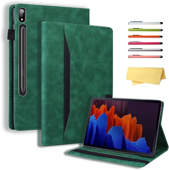 12.4 Inch Case for Samsung Galaxy Tab S8 Plus/S8+ 2022/S7 FE 2021/Tab S7 Plus/S7+ 2020 (SM-X800/T730/T970) with S Pen Holder Pocket &amp [Auto Wake/Sleep] Folding Stand PU Leather Cover Green