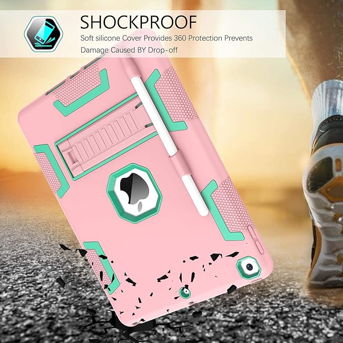 BENTOBEN for iPad 9th Generation Case iPad 8th/7th Gen Case iPad 10.2 2021/2020/2019 Case 3 in 1 Heavy Duty Rugged Kickstand Protective Cover with Pen Holder for Girl Women Rose Gold/Green