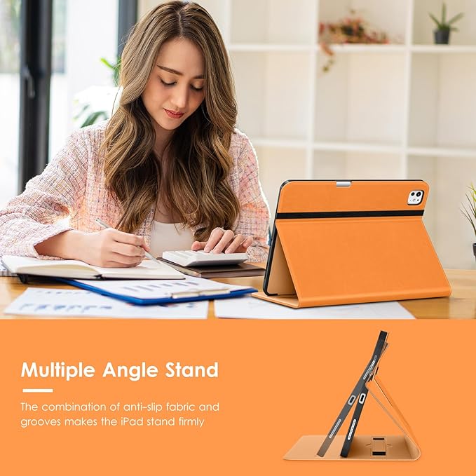 VIKESI Case for iPad Pro 13 (M4) 2024 Leather Stand Cover with Apple Pencil Holder Auto Wake/Sleep Multiple Viewing Angles Built in Hand Strap &amp Pocket Orange