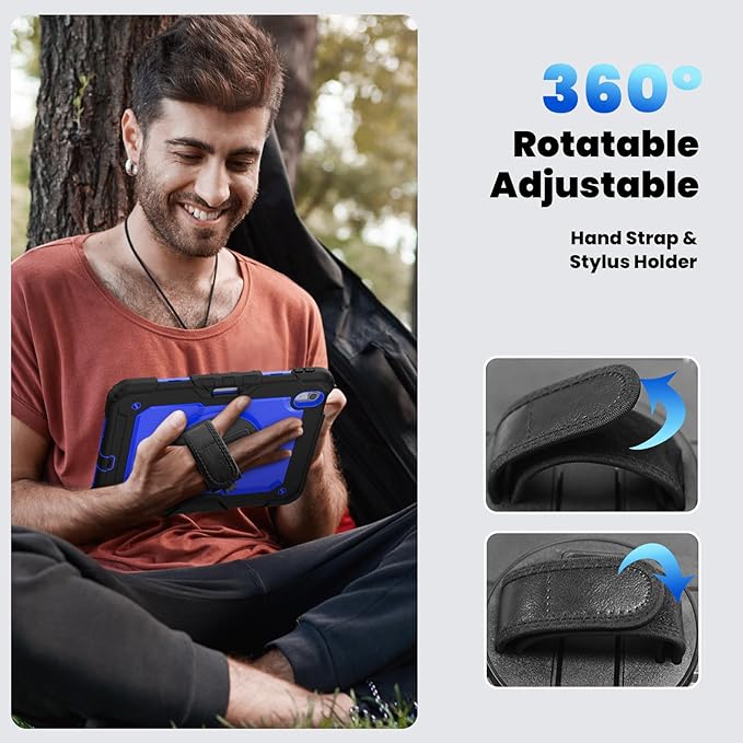 for iPad Air 11-Inch Case M3/M2 (2025/2024) Shockproof Case for iPad Air 7th/6th Generation 11 Inch with Screen Protector/Pencil Holder/Kickstand [Hand &amp Shoulder Strap]Black+Blue