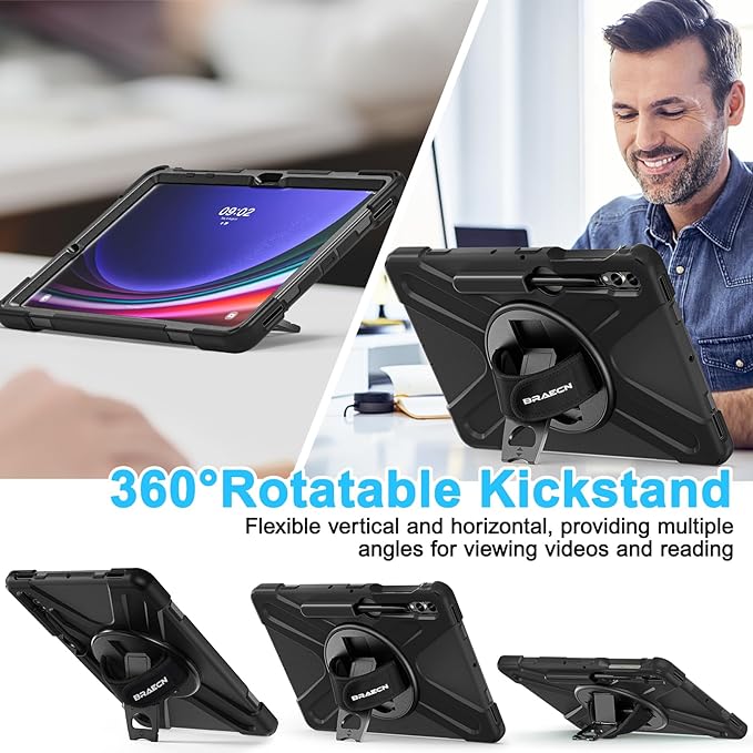 BRAECN for Samsung Galaxy Tab S10 Plus Case 2024/S9 Plus/S9 FE+/S8 Plus/S7 Plus /S7 FE 12.4 InchHeavy Duty Shockproof Case with S Pen Holder&amp360 Rotating Hand Strap/Kickstand Shoulder StrapBlack