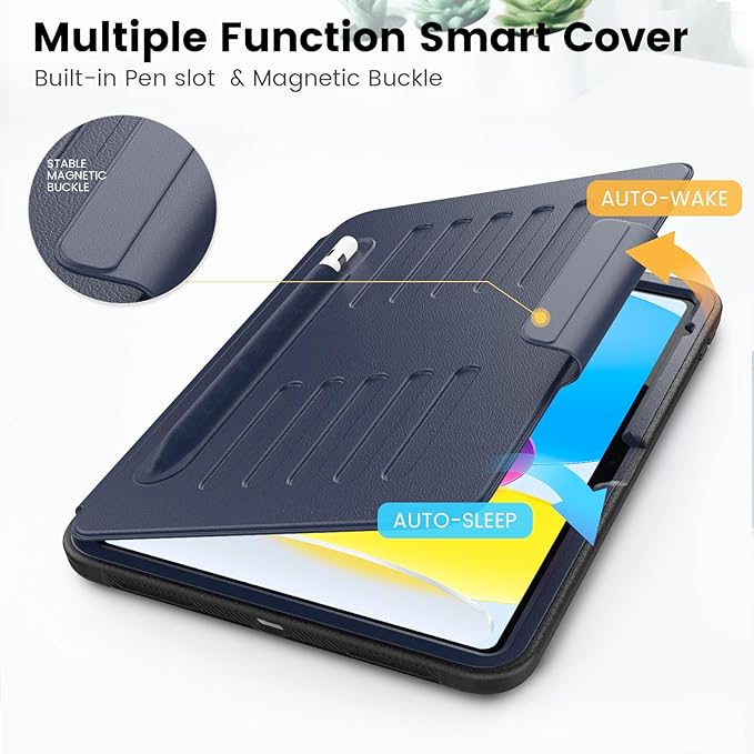 Case for iPad (A16) 11th/10th Generation 11''/10.9'' 2025/2022: Shockproof Protective Cover with Auto Wake/Sleep Strong Magnetic Multi-Angles Stand Pencil Holder Card Slot Blue
