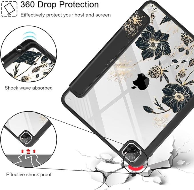 May Chen for iPad Pro 11 inch M2 4th Generation 2022 iPad Pro 11 3rd/2nd/1st Gen Case with Transparent Shockproof Back Cover [Built-in Pencil Holder Auto Sleep/Wake Abstract Floral