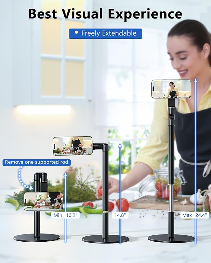 Angle Height Adjustable Magnetic Phone Stand for Desk [10-25] - Retractable Cell Phone Holder for Video Recording Cooking Excising Working -Aluminum iPhone 17 16 15 14 Pro Max Air Stand