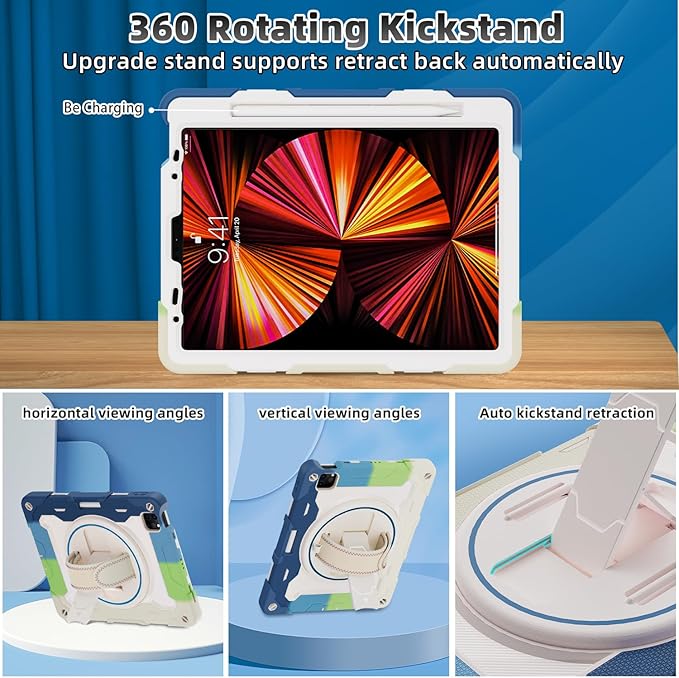For iPad Air 5th 4th Generation 10.9 inch Case with Screen Protector [15ft Drop Protection] iPad Pro 11 Case 4th 3rd 2nd 1st Gen (2022 2021 2020 2018) for Kids W/ 360 Stand Hand/Shoulder Strap