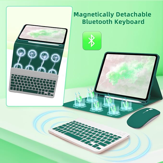 Keyboard Case for Amzaon Fire HD 10/10+ Plus (11/13th Generation) Case with Keyboard - 7 Colors Backlit Keyboard Protective Case and Mouse (Dark Green)