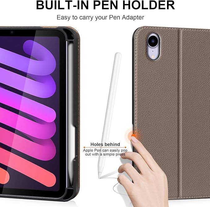 for iPad mini 7 (A17 Pro) 2024 iPad mini 6th Generation 2021 with Pencil HolderSmart Leather Cover with Buckle Protective Auto Wake/Sleep Adjustable Stand Multiple View AnglesGray Brown