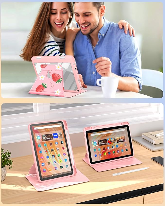 Kidcube for Kindle Fire HD 10/10 Plus Tablet Case - 13th/11th Generation (2023/2021) 10.1 Women Girl Cute Girly Strawberry Kawaii Rotating Stand Pencil Holder Folio Case for Amazon Fire HD 10/10 Plus