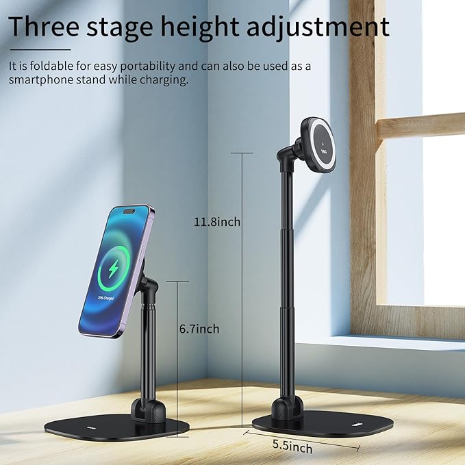 VRIG Magnetic Desk Phone Stand for Office/Home 360°Rotation Wireless Charger Phone Holder with Magnetic Ring Height&ampTilt Adjustable Cell Phone Stand for iPhone 16 15 14 13 12 and More/Android